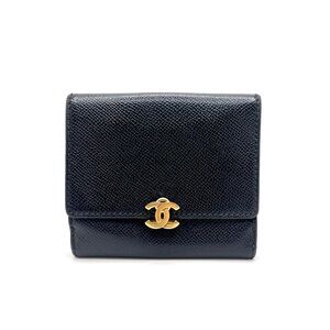 Authentic CHANEL Black Leather Folding Compact Wallet Gold Tone CC